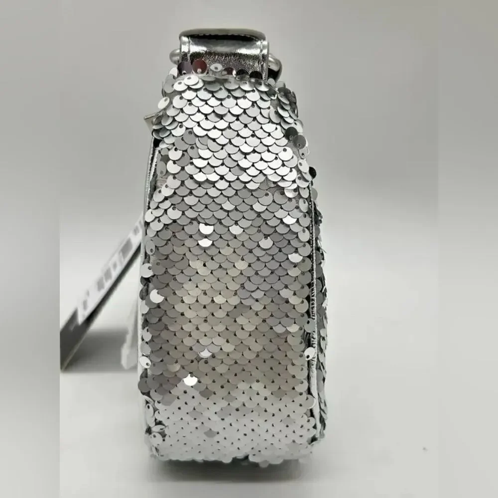 NWT Nicole Miller Silver Sequin Vegan Leather Small HOBO Shoulder Purse Handbag